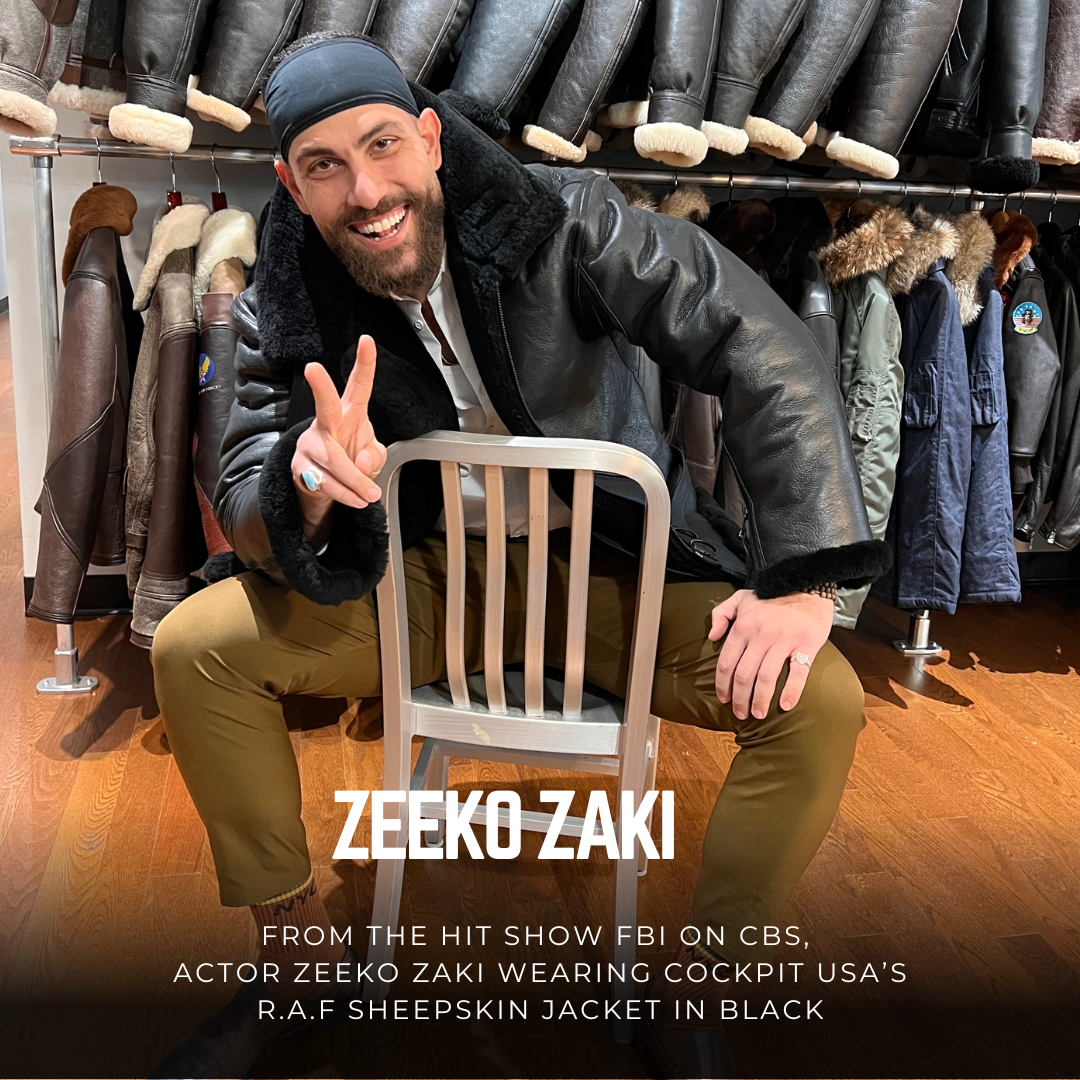 FBI's Zeeko Zaki wearing Cockpit USA's R.A.F Sheepskin Jacket in black FBI's Zeeko Zaki wearing Cockpit USA's R.A.F Sheepskin Jacket in black