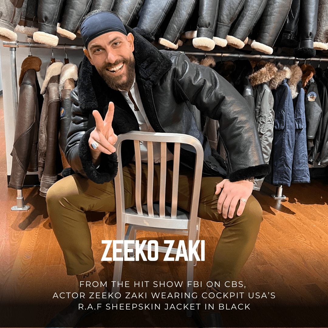 FBI's Zeeko Zaki wearing Cockpit USA's R.A.F Sheepskin Jacket in black