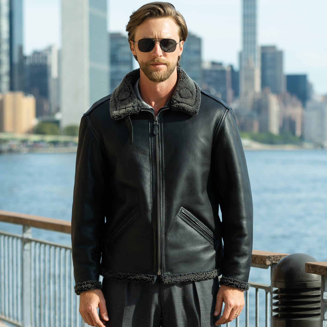Men's Black Shearling B-6 Jacket | All-Black Bomber Jacket