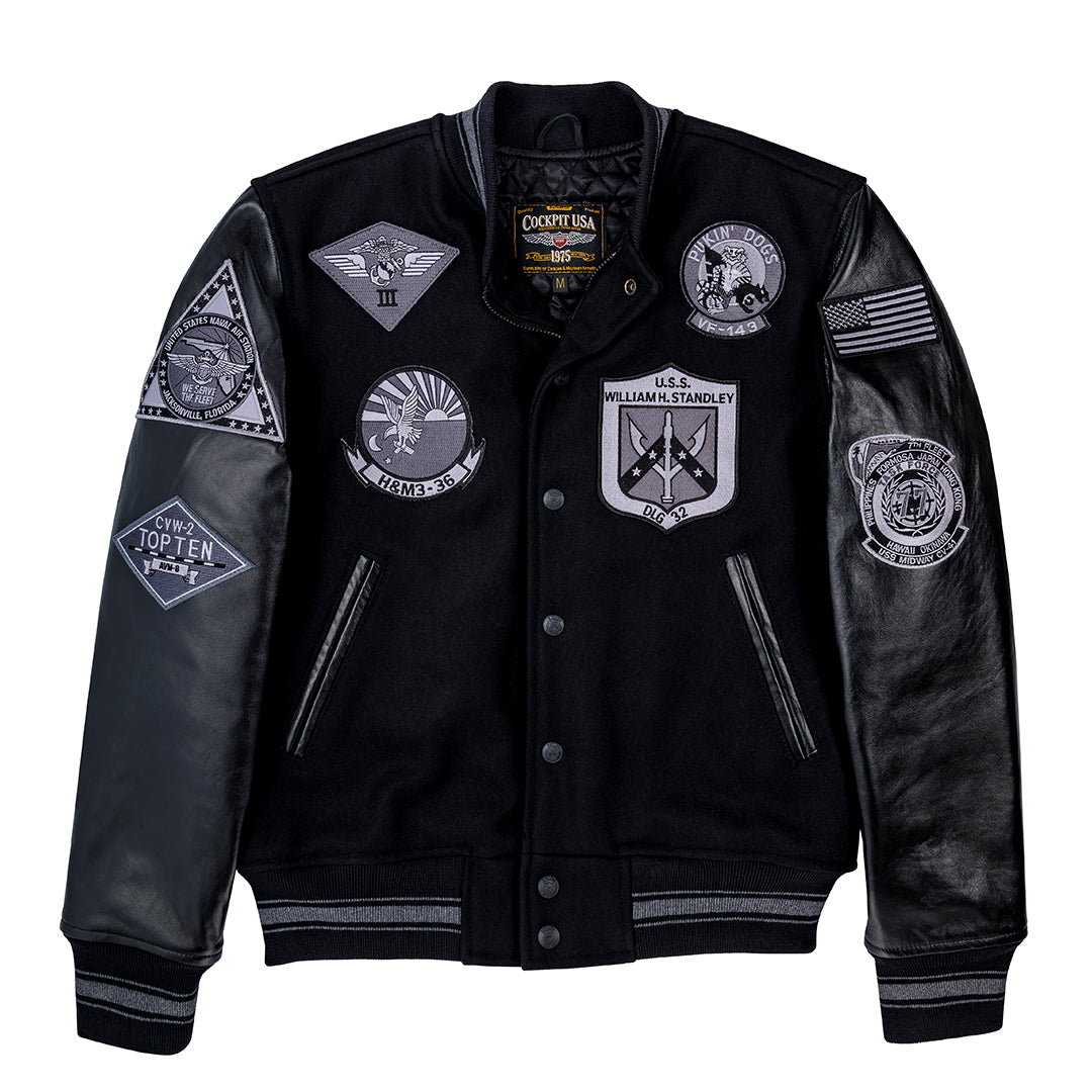 Black Varsity Bomber Jacket With Patches Cockpit USA