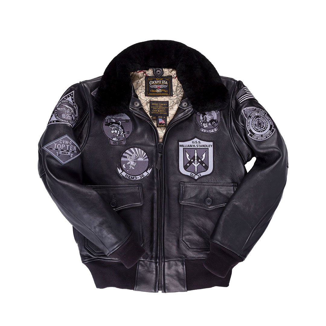 All-Black Top Gun Bomber Jacket with Patches - Lambskin Leather