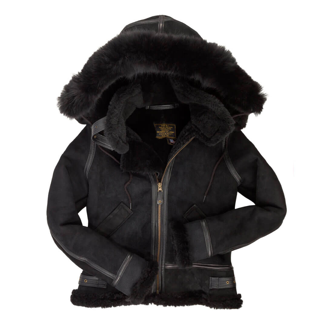 Women’s Black Fur Bomber Jacket with Hood | Cockpit USA