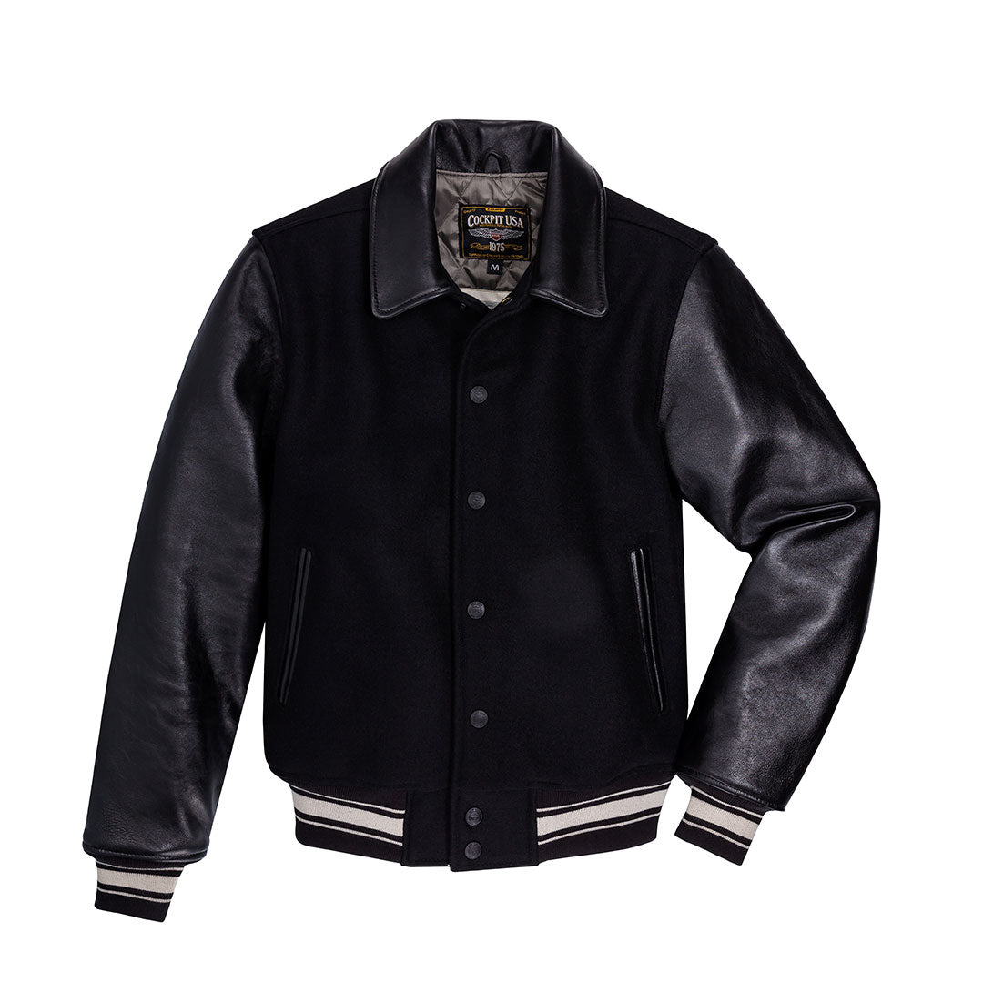 Men's Varsity Style Jacket Black Letterman's Jacket - Main Image