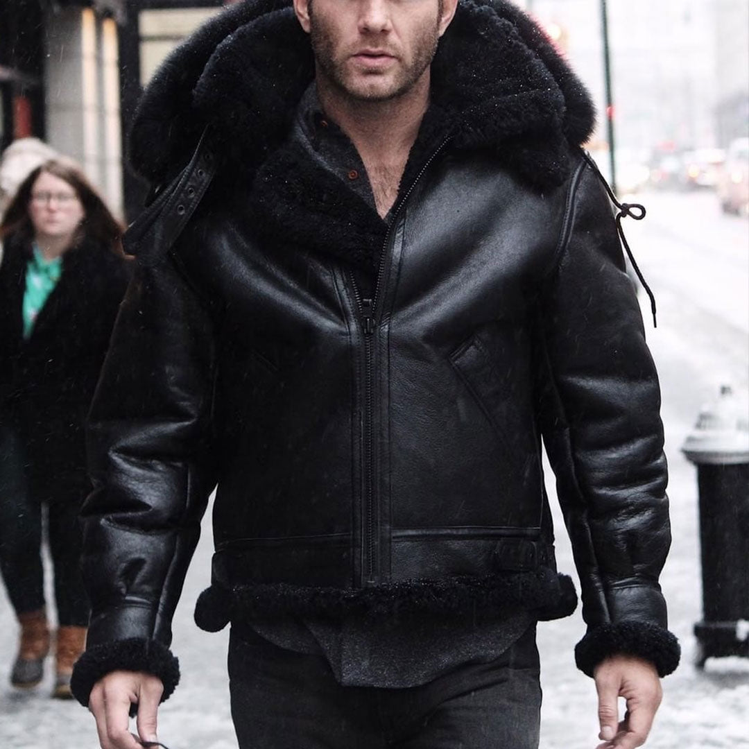 Black Hooded Leather B3 Bomber Jacket | Cockpit USA
