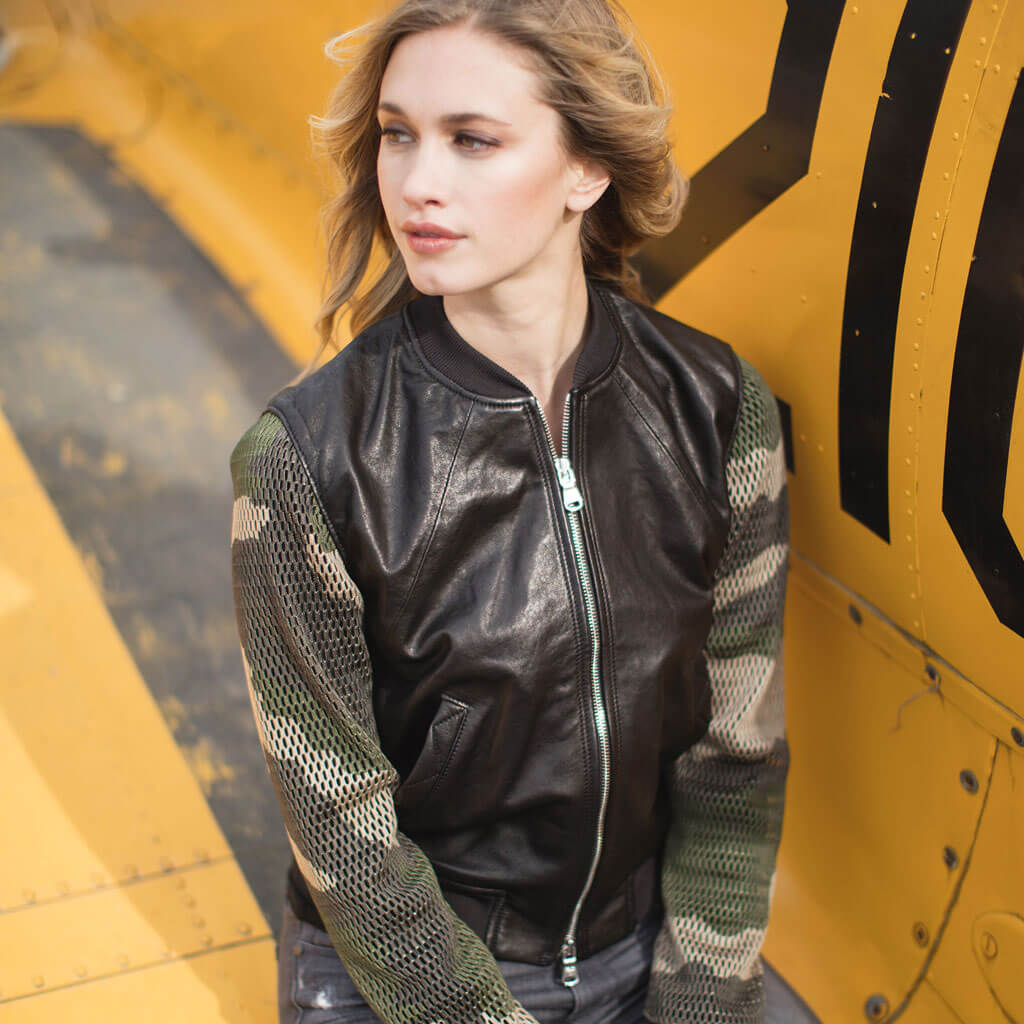 Women's Slim Fit Bomber Jacket Camo Sleeve Jacket