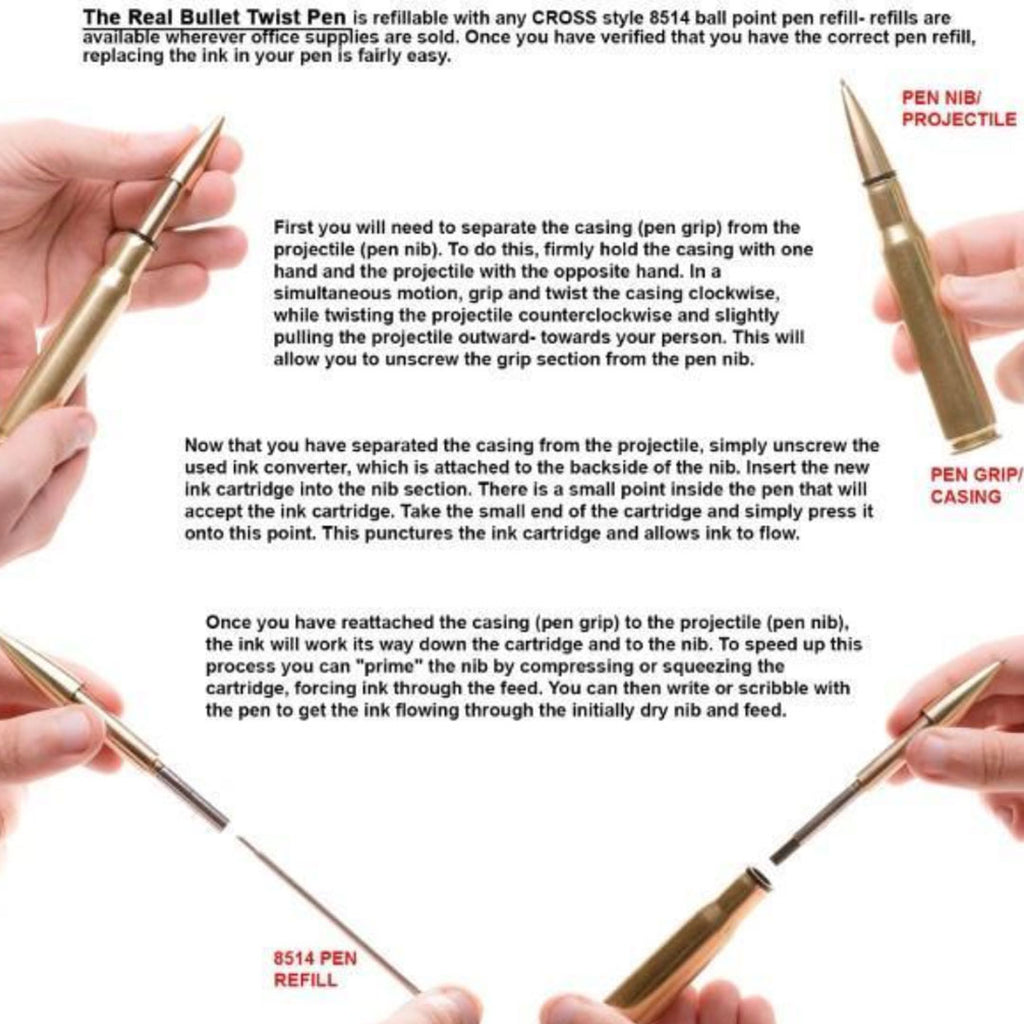50 Caliber Real Bullet Twist Pen - Instructions