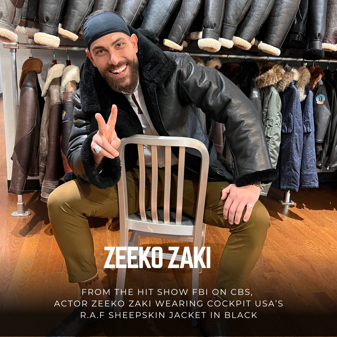 FBI's Zeeko Zaki wearing Cockpit USA's R.A.F Sheepskin Jacket in black!