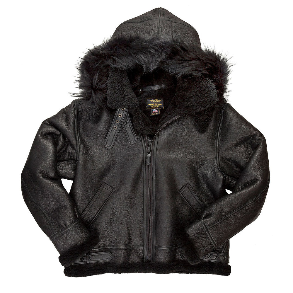 All Black B-3 Hooded Sheepskin Bomber Jacket Z203615B - Cockpit USA Men