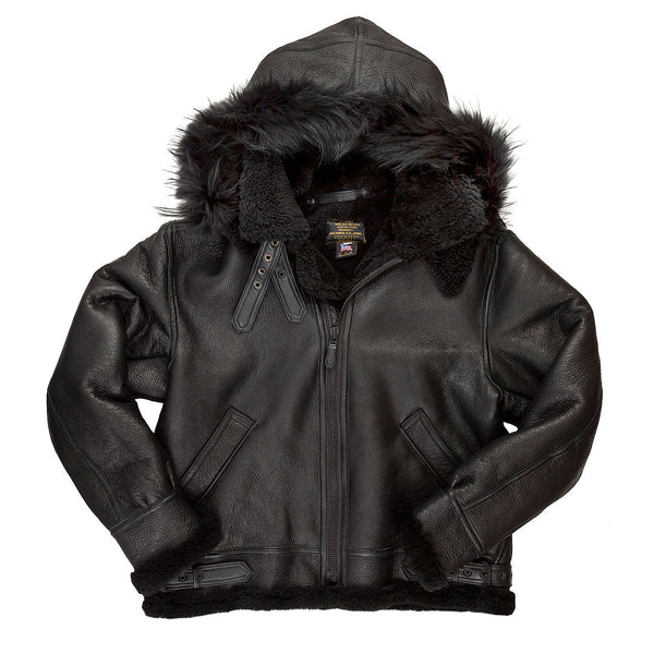 All Black B-3 Hooded Sheepskin Bomber Jacket Z203615B - Cockpit USA Men