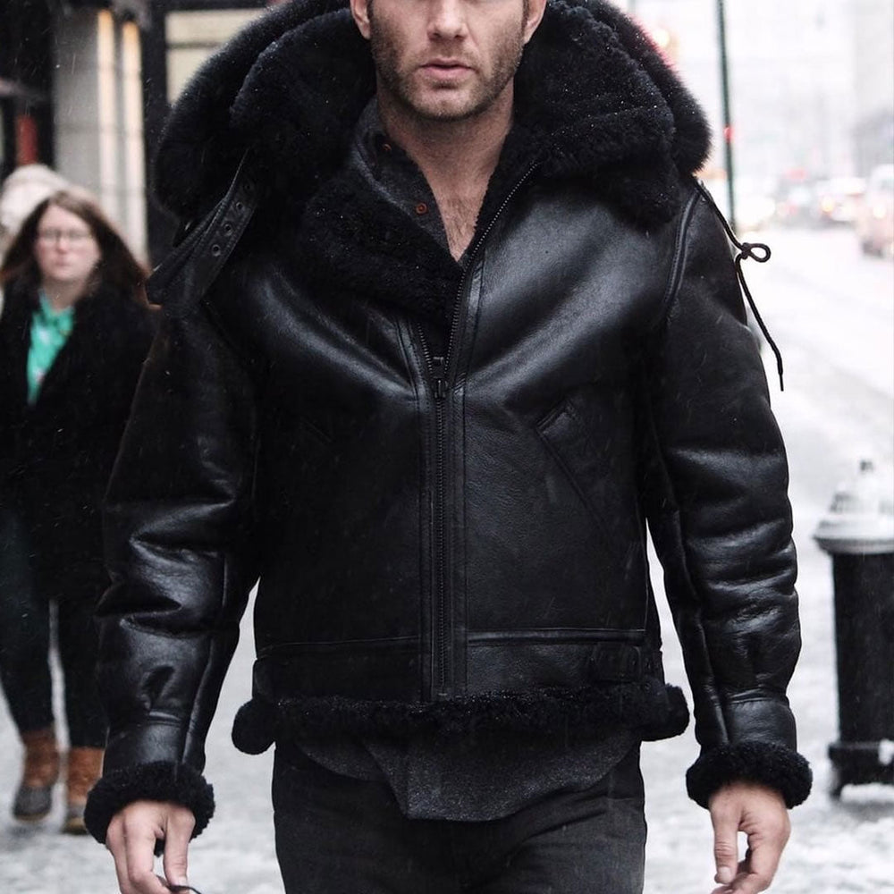 All Black B-3 Hooded Sheepskin Bomber Jacket Z203615B - Cockpit USA Men
