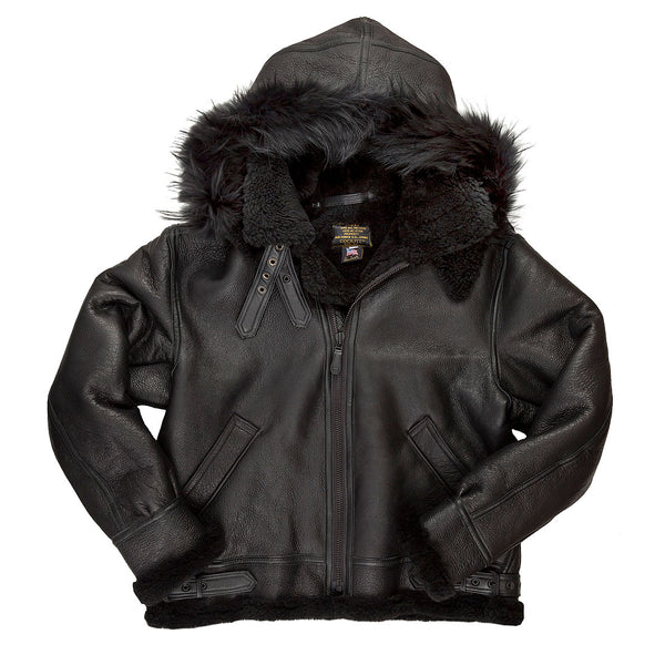 All Black B-3 Hooded Sheepskin Bomber Jacket