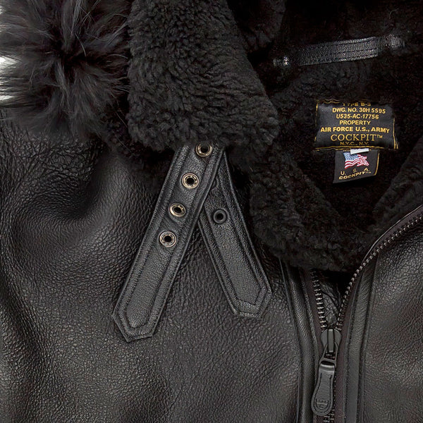 All Black B-3 Hooded Sheepskin Bomber Jacket