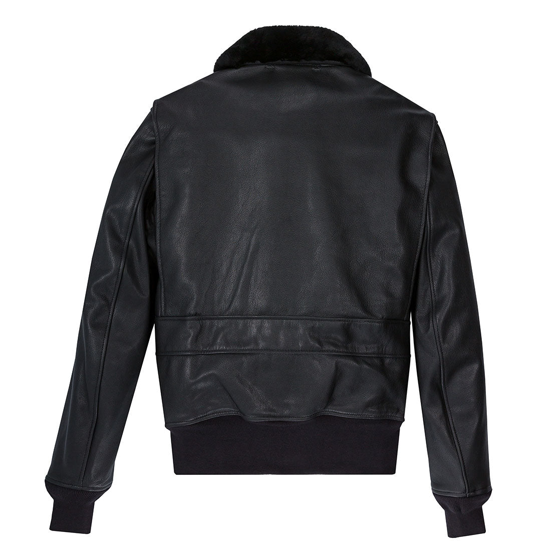 Men's Goatskin Leather Bomber Jacket - Black with Fur Collar