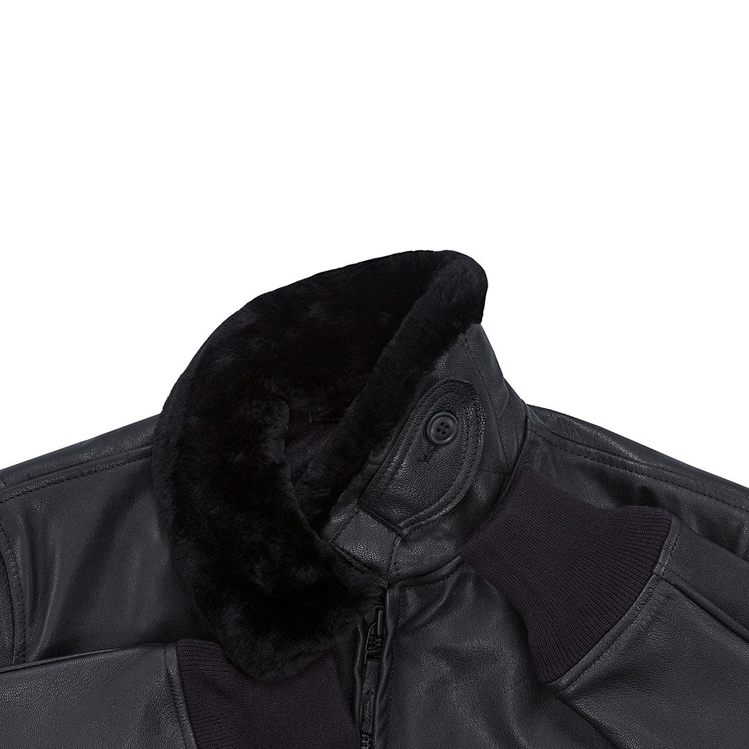 Men's Goatskin Leather Bomber Jacket - Black with Fur Collar