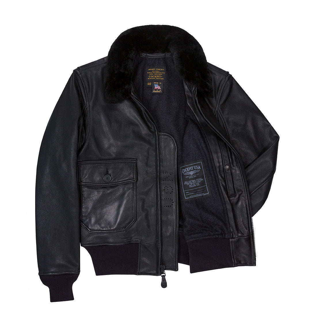 Men's Goatskin Leather Bomber Jacket - Black with Fur Collar