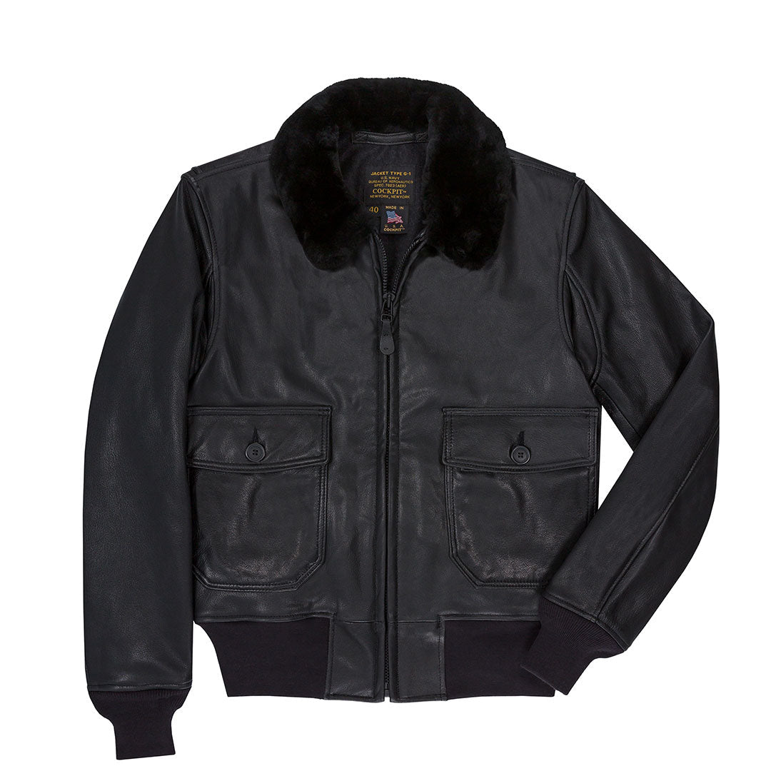 Men's Goatskin Leather Bomber Jacket - Black with Fur Collar