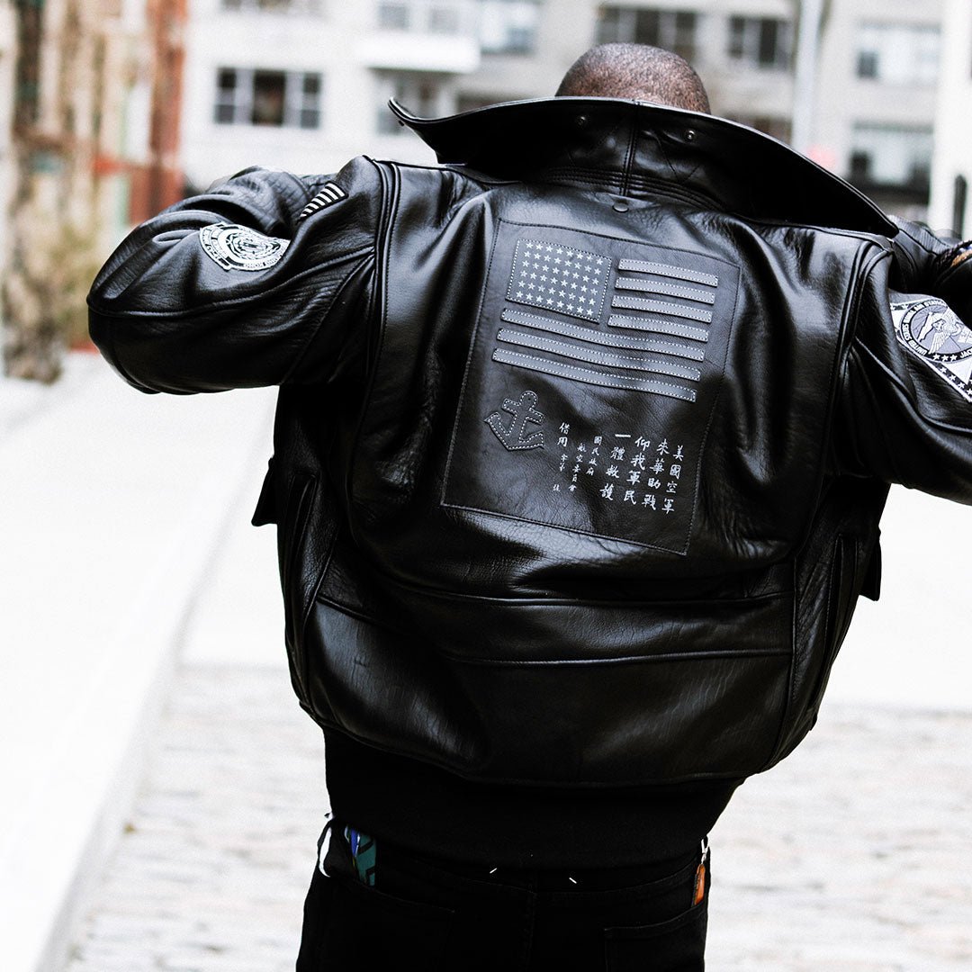 All-Black Top Gun Bomber Jacket with Patches - Lambskin Leather
