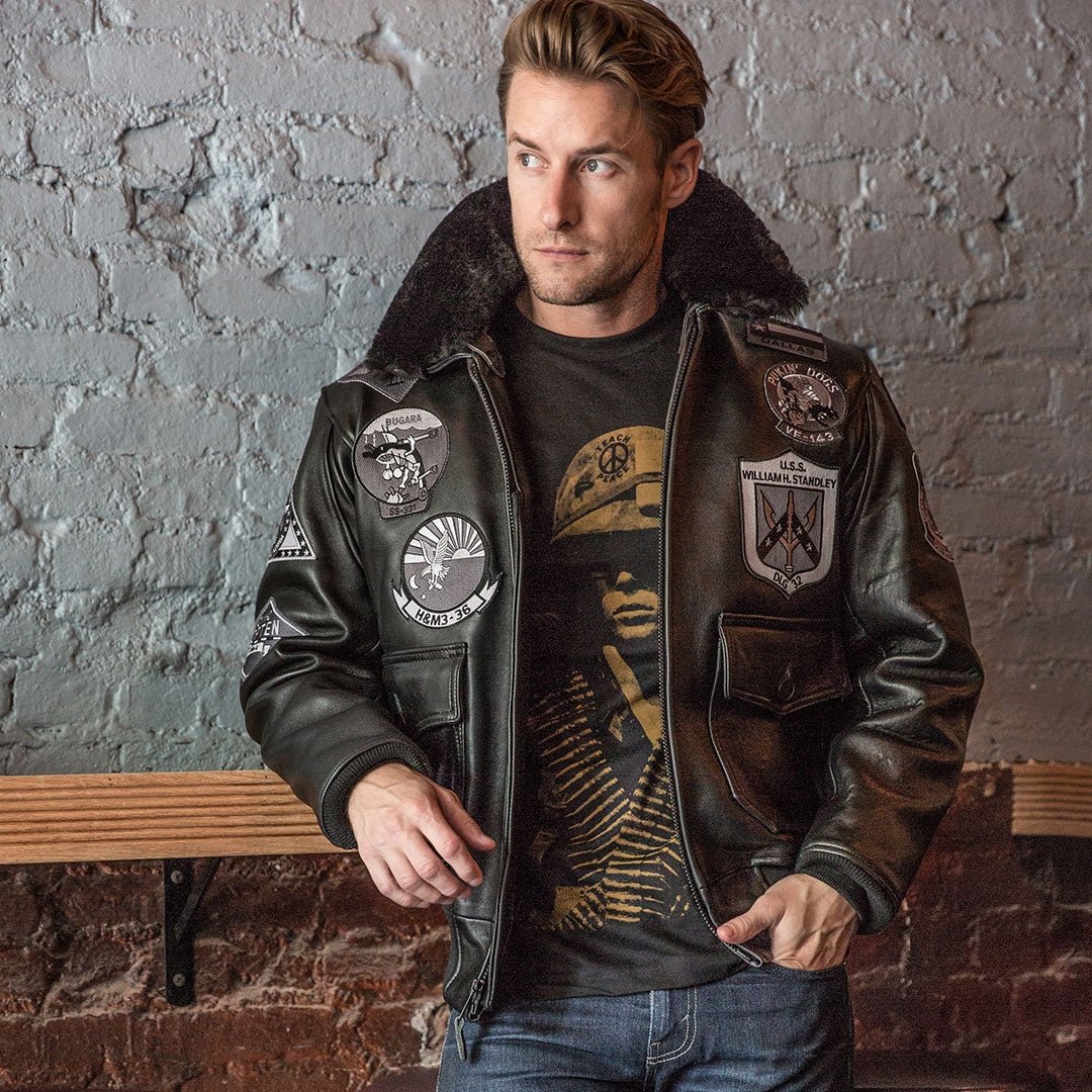All-Black Top Gun Bomber Jacket with Patches - Lambskin Leather