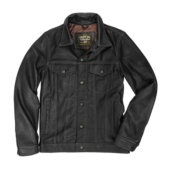 Calfskin Leather Jean Jacket-Black