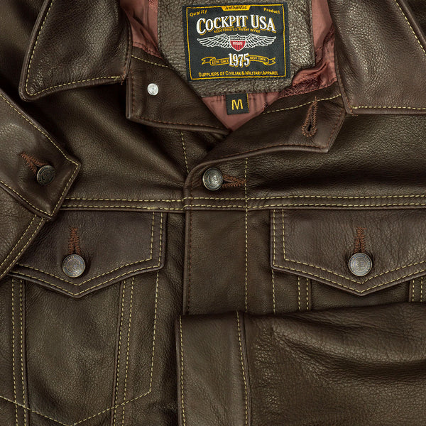 Calfskin Leather Jean Jacket-Brown