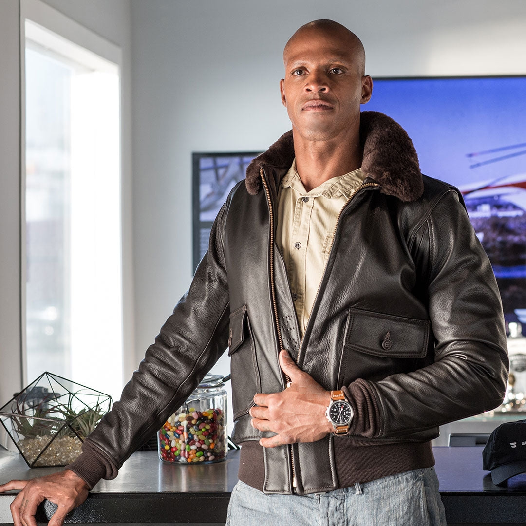 Brown Leather G-1 Flight Jacket with Removable Collar (Long)