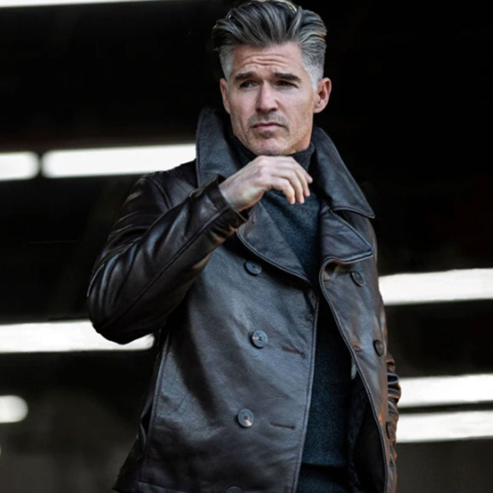 Naval Short Leather Peacoat Z21U025 in Black - Cockpit USA Men