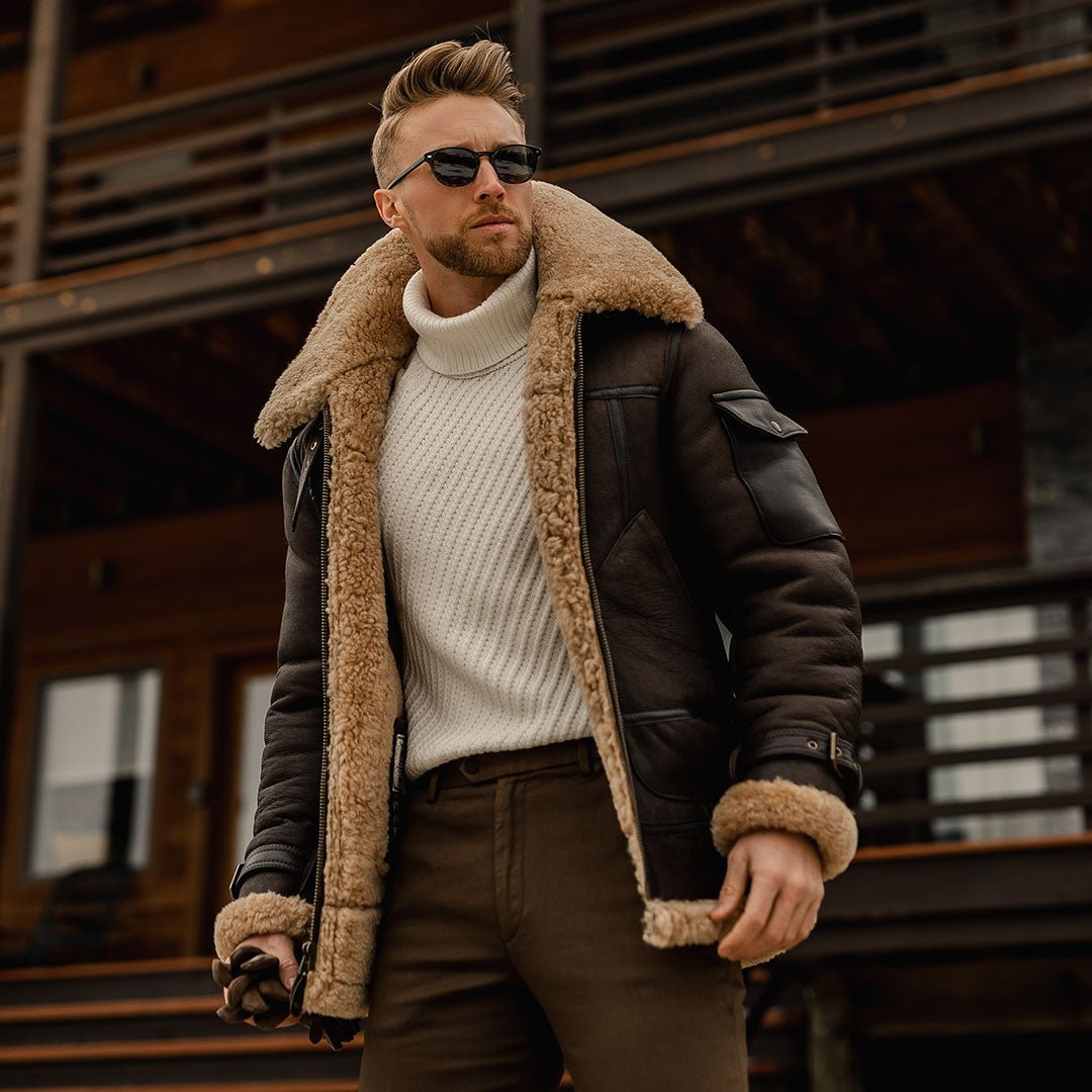 Brown Leather Shearling Coat | Warm 1950s Bomber Jacket