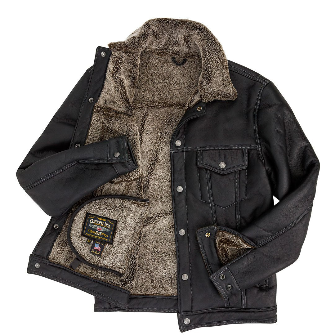 Sheepskin Trucker Jacket | Men's Black Leather Trucker Jacket