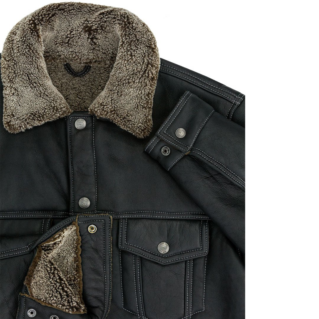 Sheepskin Trucker Jacket | Men's Black Leather Trucker Jacket