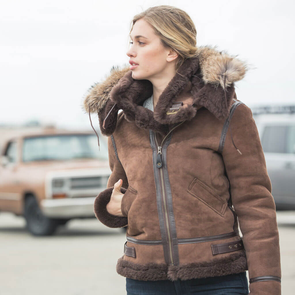 Bomber Jacket Coats With Fur Around The Hood Fur Lined Fur Trim