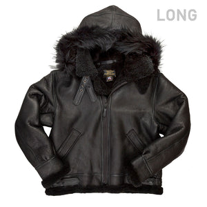 All Black B-3 Hooded Sheepskin Bomber Jacket Long - Cockpit USA