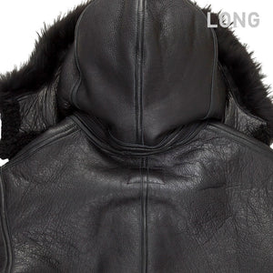 All Black B-3 Hooded Sheepskin Bomber Jacket Long - Cockpit USA