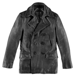 Vintage Leather Naval Officers Coat-Distressed Black