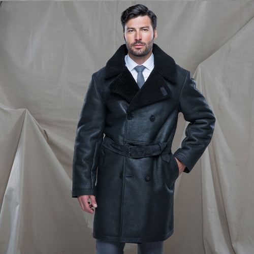 Men's Black Shearling Trench Coat Leather Coat for Men